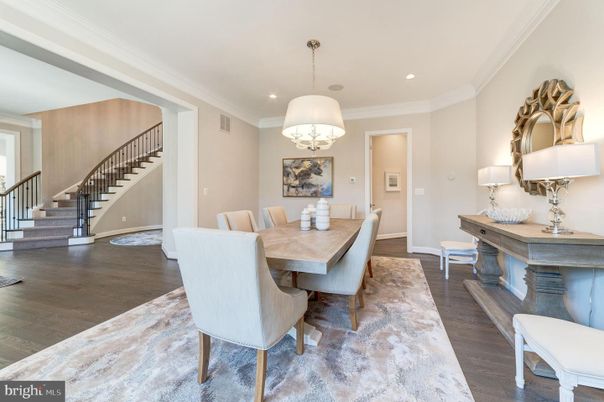 Dining room, Interior, Pendant Lights, Recessed Lighting, Wood Texture Flooring