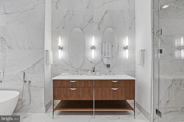 Bathroom, Dual Sink Vanities, Free Standing Baths, Glass Shower, Interior, Marble, Marble Walls