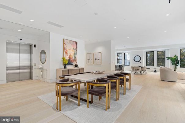 Dining room, Elevator, Interior, Recessed Lighting, Wood Texture Flooring