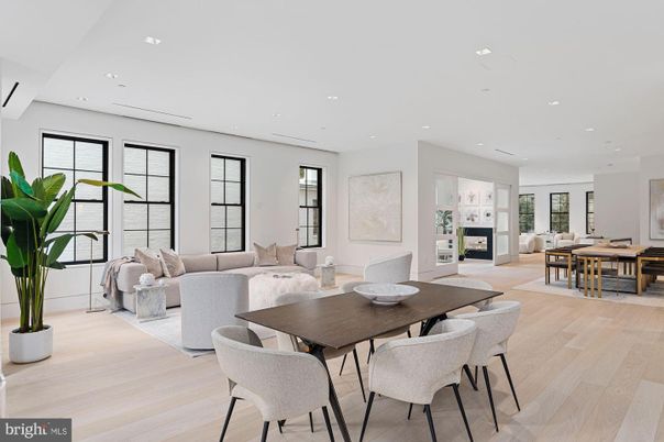Dining room, Fireplace, Interior, Living room, Recessed Lighting, Wood Texture Flooring