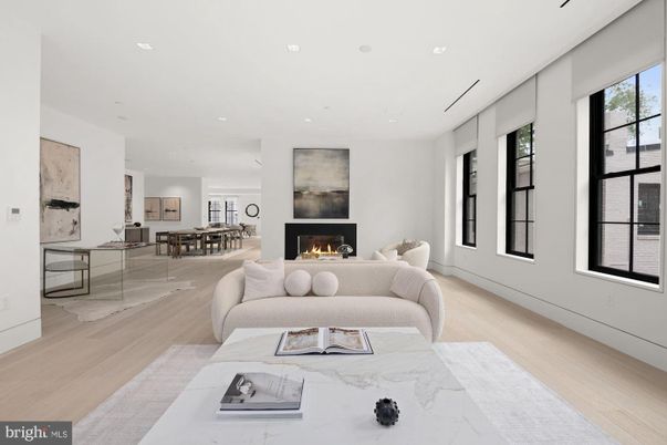 Dining room, Fireplace, Interior, Living room, Recessed Lighting, Wood Texture Flooring