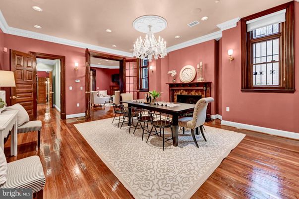 Chandelier, Dining room, Fireplace, Interior, Recessed Lighting, Wood Texture Flooring
