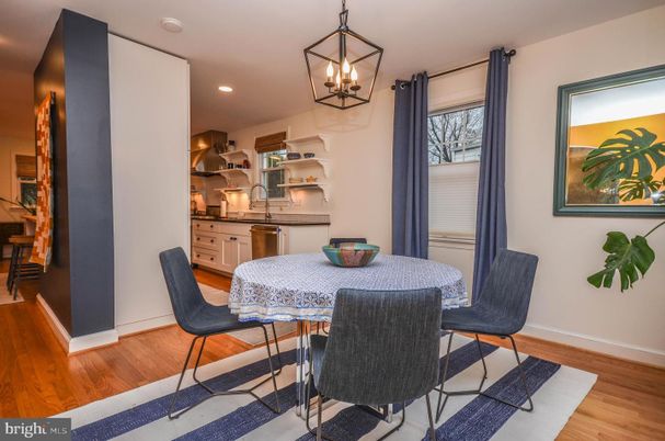 Dining room, Interior, Kitchen, Pendant Lights, Recessed Lighting, Wood Texture Flooring