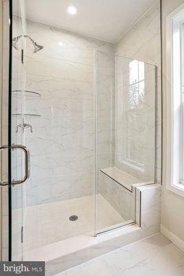 Bathroom, Glass Shower, Interior, Marble, Marble Walls, Recessed Lighting