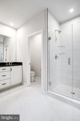 Bathroom, Glass Shower, Interior, Marble, Marble Walls, Recessed Lighting