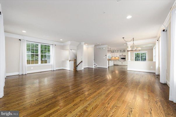 Chandelier, Empty room, Interior, Kitchen, Pendant Lights, Recessed Lighting, Wood Texture Flooring