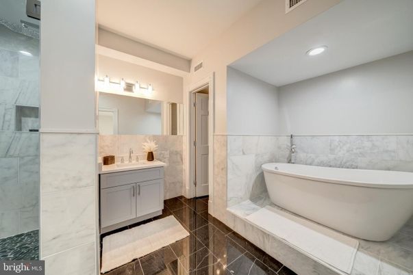 Bathroom, Free Standing Baths, Interior, Marble Walls, Recessed Lighting