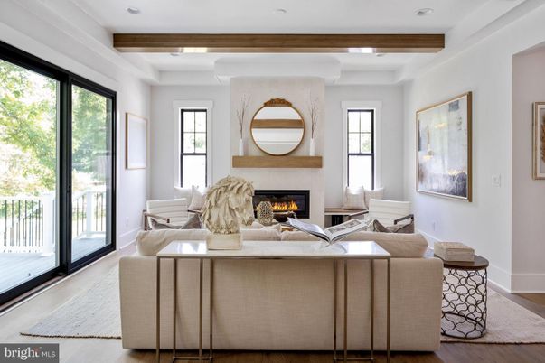 Fireplace, Interior, Living room, Recessed Lighting, Wooden Beams, Wood Texture Flooring