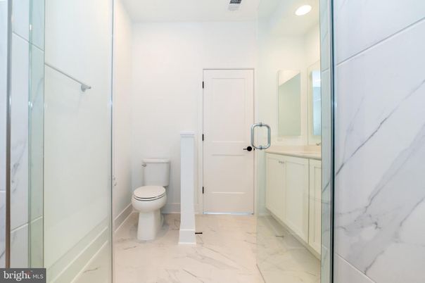 Bathroom, Glass Shower, Interior, Marble, Marble Walls, Recessed Lighting