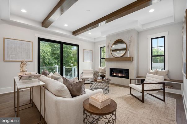 Fireplace, Interior, Living room, Recessed Lighting, Wooden Beams, Wood Texture Flooring