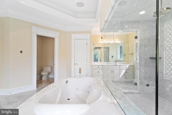 Bathroom, Dual Sink Vanities, Free Standing Baths, Glass Shower, Interior, Marble, Recessed Lighting