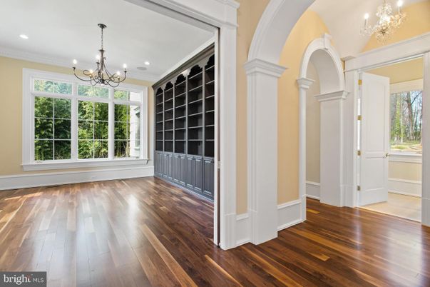Chandelier, Empty room, Interior, Recessed Lighting, Wood Texture Flooring