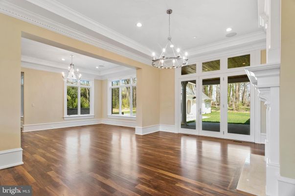 Chandelier, Empty room, Interior, Recessed Lighting, Wood Texture Flooring