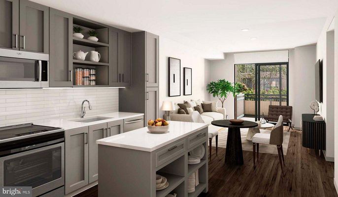 Dining room, Interior, Kitchen, Living room, Recessed Lighting, Wood Texture Flooring