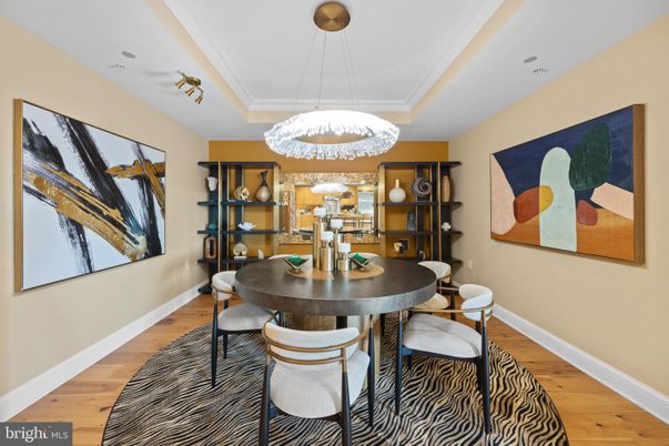 Dining room, Interior, Pendant Lights, Wood Texture Flooring