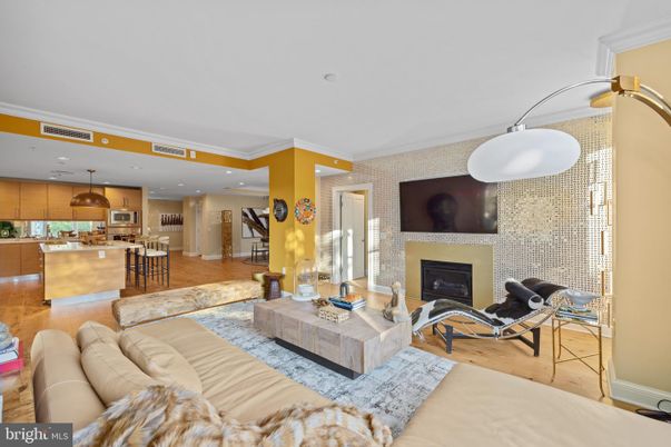 Fireplace, Interior, Kitchen, Living room, Recessed Lighting, Wood Texture Flooring