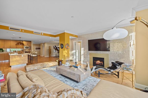 Fireplace, Interior, Kitchen, Living room, Recessed Lighting, Wood Texture Flooring