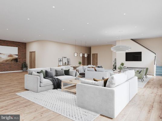 Dining room, Interior, Living room, Pendant Lights, Recessed Lighting, Stone Walls, Wood Texture Flooring
