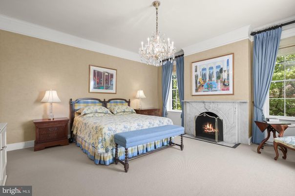 Bedroom, Chandelier, Fireplace, Interior