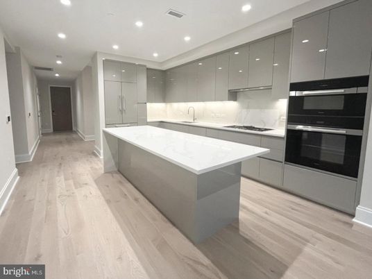 Interior, Kitchen, Marble Walls, Recessed Lighting, Stainless Steel Appliances, Wood Texture Flooring