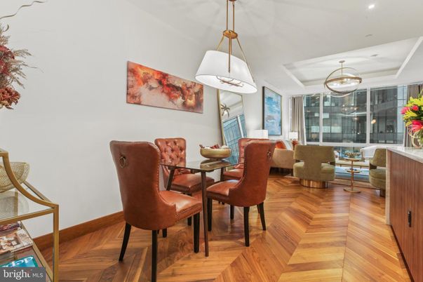 Dining room, Interior, Living room, Pendant Lights, Recessed Lighting, Wood Texture Flooring