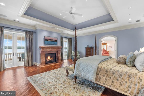 Bedroom, Fireplace, Interior, Recessed Lighting, Wood Texture Flooring