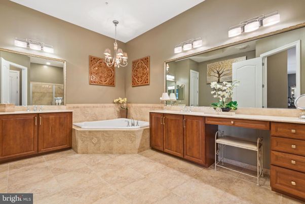 Bathroom, Chandelier, Dual Sink Vanities, Interior, Pendant Lights
