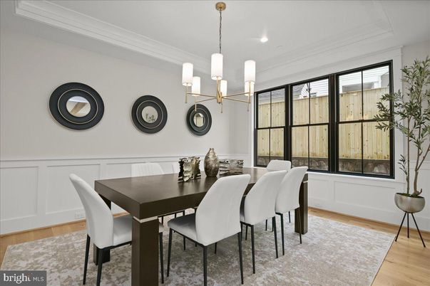Dining room, Interior, Pendant Lights, Recessed Lighting, Wood Texture Flooring