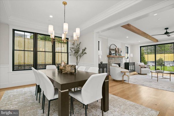 Dining room, Fireplace, Interior, Living room, Pendant Lights, Recessed Lighting, Wooden Beams, Wood Texture Flooring