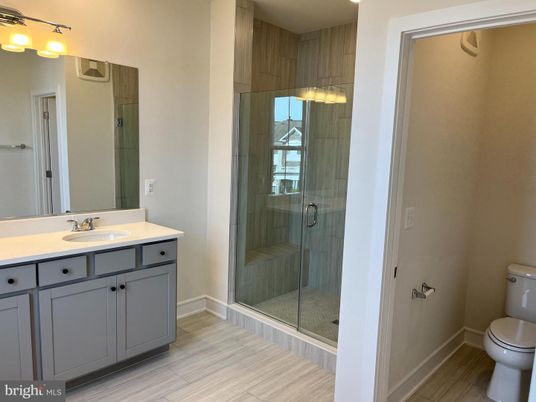 Bathroom, Glass Shower, Interior, Recessed Lighting, Wood Texture Flooring