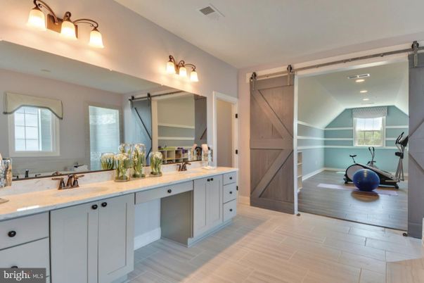 Bathroom, Fitness Equipment, Interior, Recessed Lighting, Wood Texture Flooring