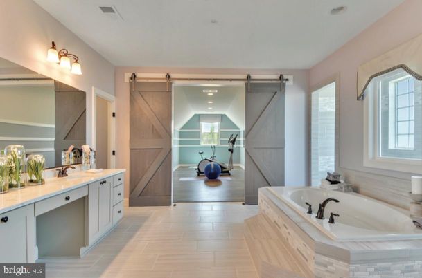 Bathroom, Interior, Recessed Lighting, Wood Texture Flooring