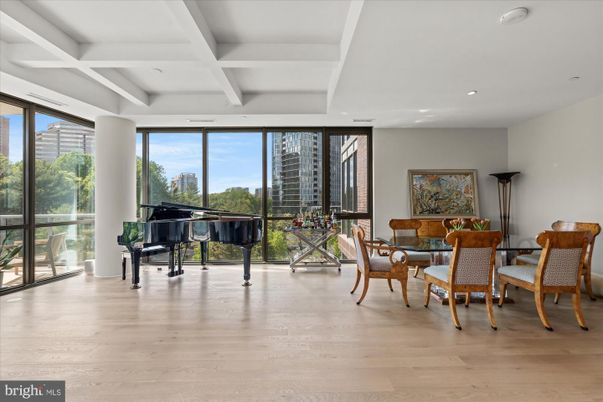 Dining room, Interior, Piano, Recessed Lighting, Wood Texture Flooring