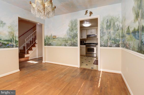 Chandelier, Empty room, Interior, Kitchen, Stainless Steel Appliances, Wood Texture Flooring