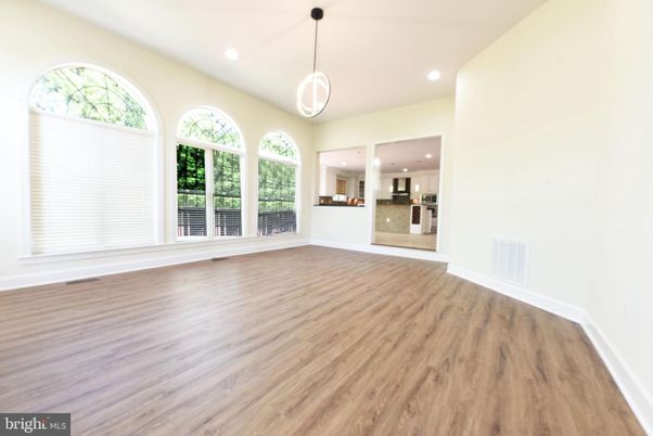 Empty room, Interior, Kitchen, Pendant Lights, Recessed Lighting, Wood Texture Flooring