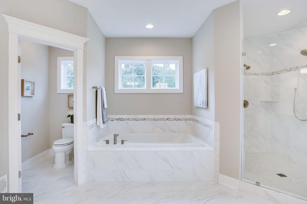 Bathroom, Glass Shower, Interior, Marble, Marble Walls, Recessed Lighting