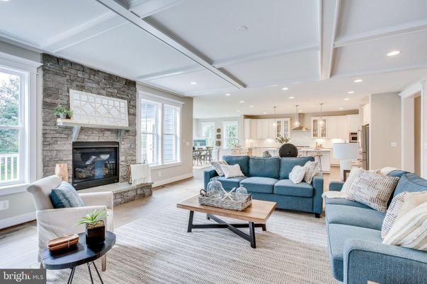 Fireplace, Interior, Kitchen, Living room, Pendant Lights, Recessed Lighting, Stone Walls, Wood Texture Flooring