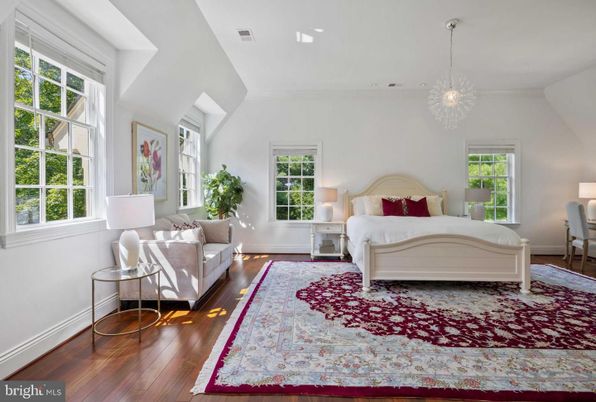 Bedroom, Chandelier, Interior, Pendant Lights, Recessed Lighting, Wood Texture Flooring