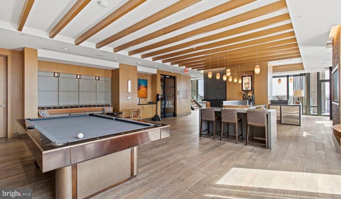 Billiard Table, Game Room, Interior, Kitchen, Pendant Lights, Recessed Lighting, Wooden Beams, Wood Texture Flooring