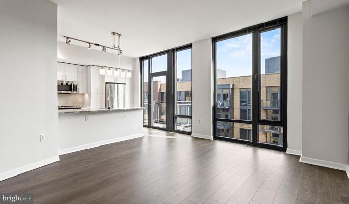 Empty room, Interior, Kitchen, Pendant Lights, Stainless Steel Appliances, Wood Texture Flooring
