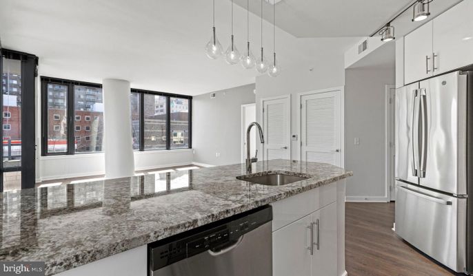 Interior, Kitchen, Pendant Lights, Stainless Steel Appliances, Wood Texture Flooring