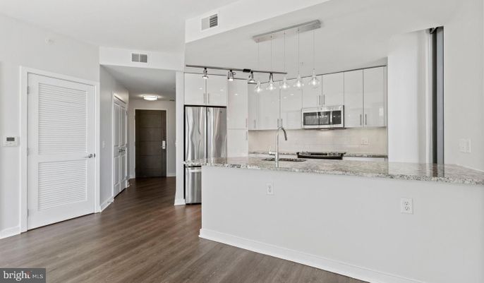 Interior, Kitchen, Pendant Lights, Stainless Steel Appliances, Wood Texture Flooring
