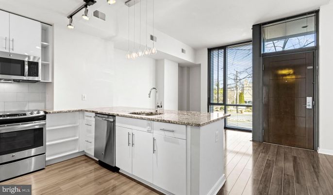 Interior, Kitchen, Pendant Lights, Stainless Steel Appliances, Wood Texture Flooring