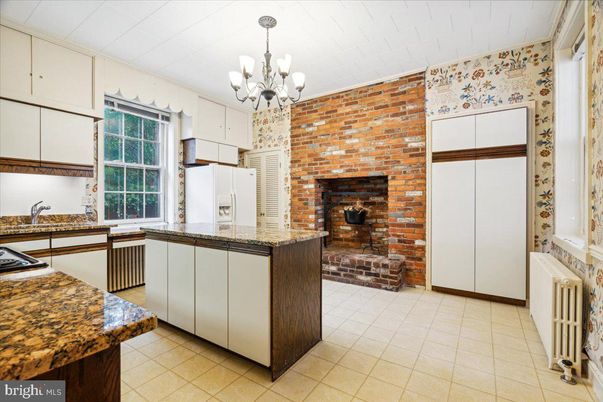 Chandelier, Fireplace, Interior, Kitchen, Stone Walls