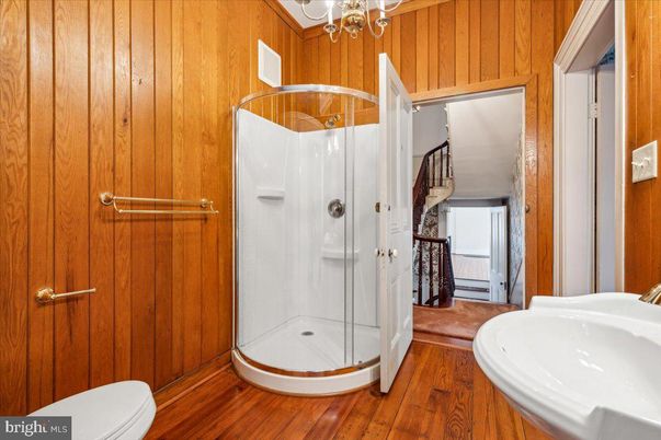 Bathroom, Glass Shower, Interior, Wood Texture Flooring, Wooden Walls