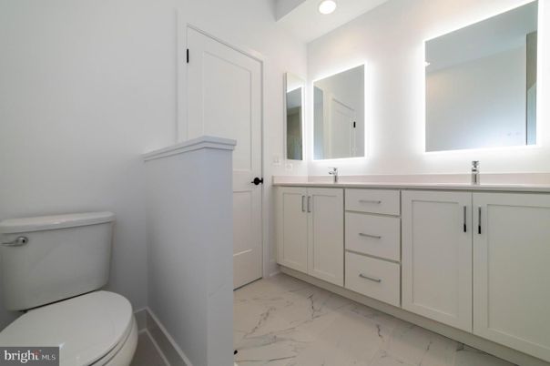 Bathroom, Dual Sink Vanities, Interior, Marble, Recessed Lighting