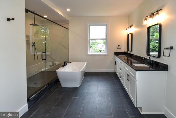 Bathroom, Dual Sink Vanities, Free Standing Baths, Glass Shower, Interior, Marble Walls, Recessed Lighting