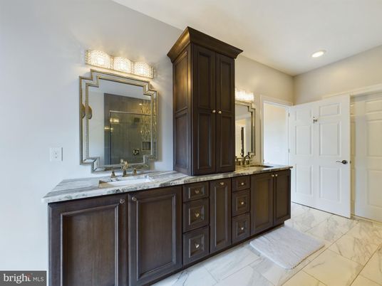 Bathroom, Dual Sink Vanities, Interior, Marble, Recessed Lighting