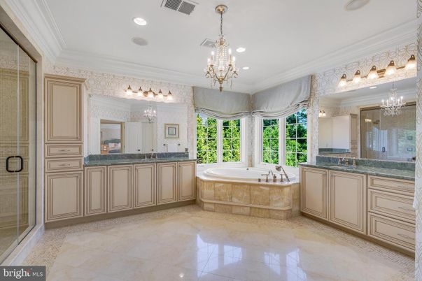 Bathroom, Chandelier, Glass Shower, Interior, Recessed Lighting