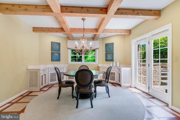 Chandelier, Dining room, Interior, Wooden Beams